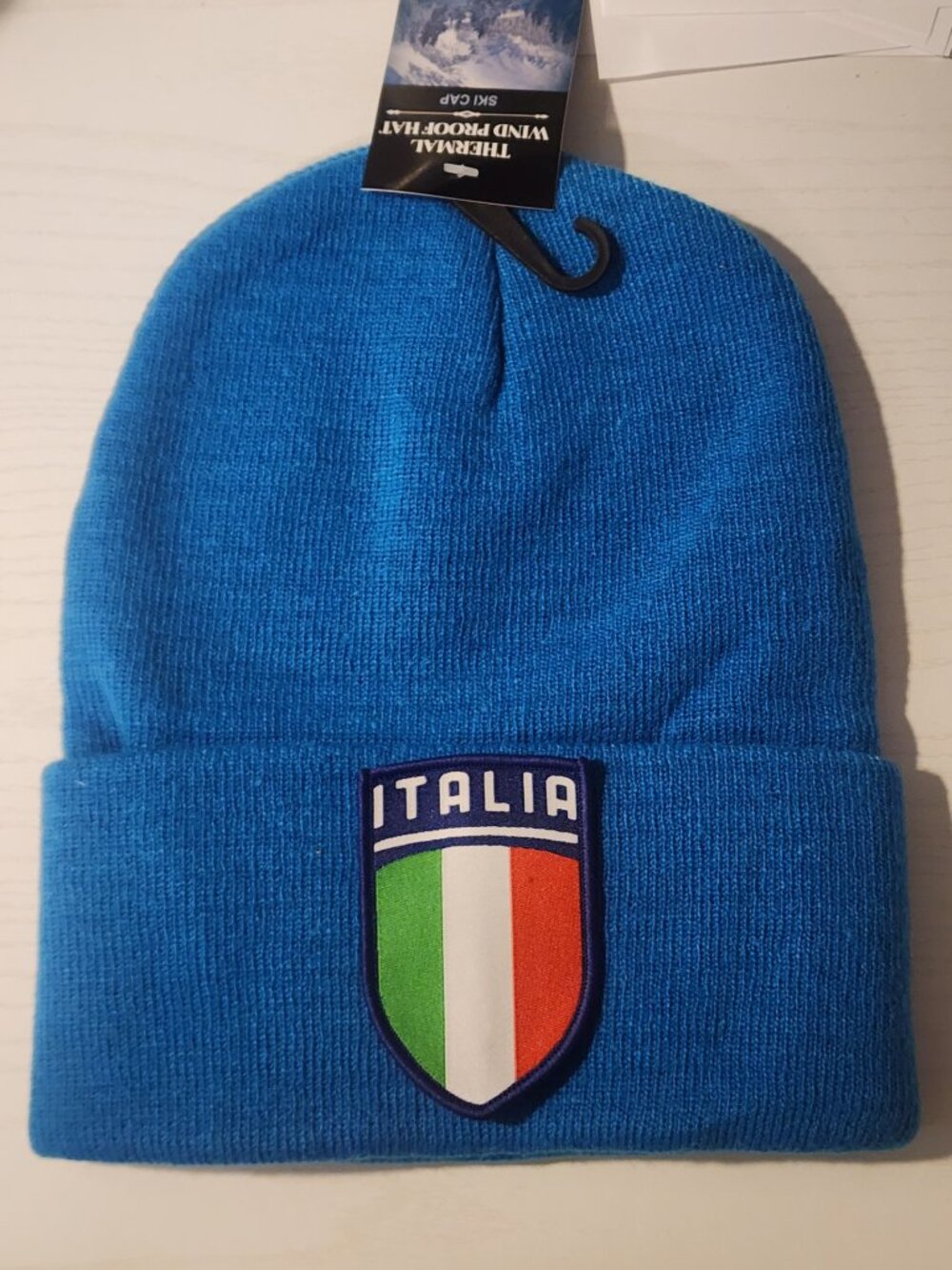 ITALIA Patched Knit Cuffed Beanie in Cobalt Blue
